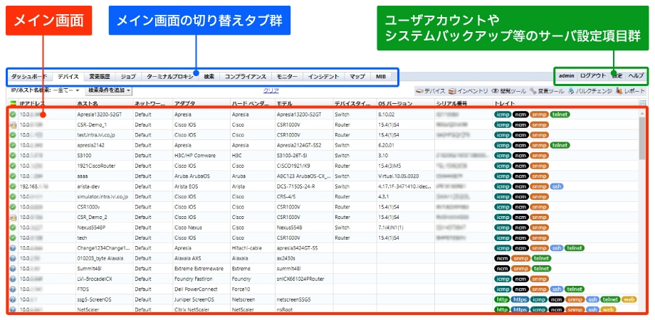 ThirdEyeの操作画面 メイン画面と切り替えのタブ群、ユーザーアカウントやシステムバックアップ等のサーバ設定項目群があります。